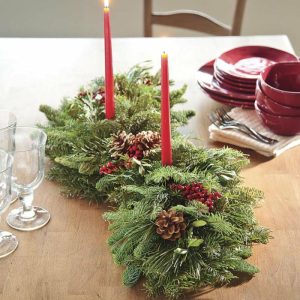 Candles & Lanterns |   Holiday Woodland Evergreens Centerpiece With Two Candles Candles & Lanterns Candles & Lanterns