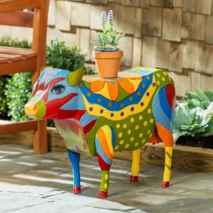 Deck & Patio Accents |   Handmade Colorful Painted Folk Art Cow Metal Side Table Deck & Patio Accents Deck & Patio Accents