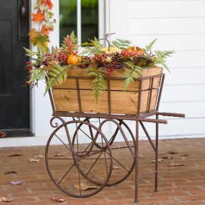 Deck & Patio Accents |   Wooden Wagon Planter/Drink Holder With Wheels Deck And Patio Decor Deck & Patio Accents