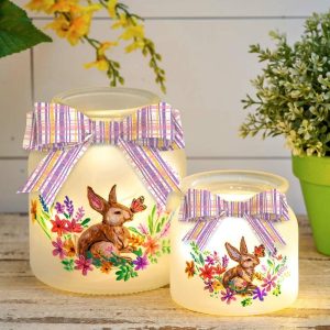 Decorative Accents |   Lighted Glass Jar With Springtime Bunny Scene, Set Of 2 Decorative Accents Candles & Lanterns