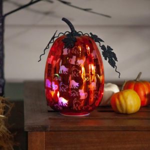 Decorative Accents |   Mercury Glass Lighted Orange Pumpkin With Cats Decorative Accents Decorative Accents