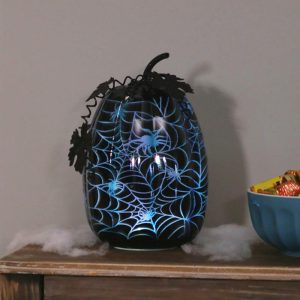 Decorative Accents |   Mercury Glass Lighted Pumpkin Halloween Accent Decorative Accents Blue Spider Web