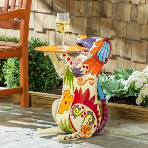 Decorative Garden Accents |   Handmade Colorful Painted Folk Art Metal Dog Side Table Decorative Garden Accents Decorative Garden Accents