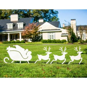 Decorative Garden Accents |   Santa’s Sleigh And Reindeer Laser-Cut Metal Yard Decor, Set Of 4 Decorative Garden Accents Decorative Garden Accents