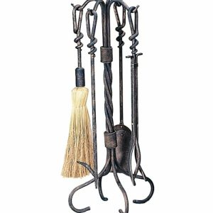 Fireplace Tool Sets |   Wrought Iron 5-Piece Fireplace Tool Set With Twist Handles In Antique Rust Finish Fireplace Accessories Fireplace Tool Sets