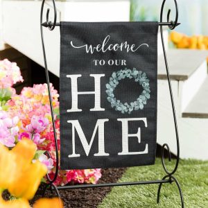 Garden Flags |   "Welcome To Our Home" Eucalyptus Burlap Garden Flag Flags & Buntings Garden Flags