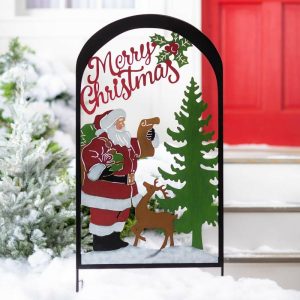 Garden Stakes |   Colorful Painted Santa And Reindeer Metal Garden Trellis Stake Garden Accents Garden Stakes