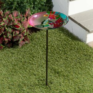 Garden Stakes |   Hummingbird Flutter Glass Birdbath Garden Stake Garden Accents Garden Stakes