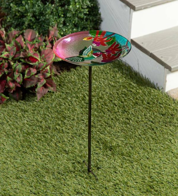 Garden Stakes |   Hummingbird Flutter Glass Birdbath Garden Stake Garden Accents Garden Stakes