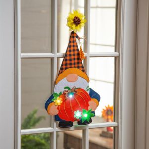 Gnomes & Fairy Gardens |   Fall Gnome With Pumpkin Lighted Window Décor Garden Accents Gnomes & Fairy Gardens