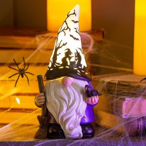 Gnomes & Fairy Gardens |   Halloween Gnome With Lighted Hat And Raven Garden Accents Gnomes & Fairy Gardens