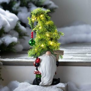 Gnomes & Fairy Gardens |   Holiday Lighted Christmas Tree Garden Gnome With Welcome Sign Garden Accents Gnomes & Fairy Gardens