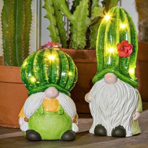 Gnomes & Fairy Gardens |   Lighted Ceramic Cactus Gnomes, Set Of 2 Garden Accents Gnomes & Fairy Gardens