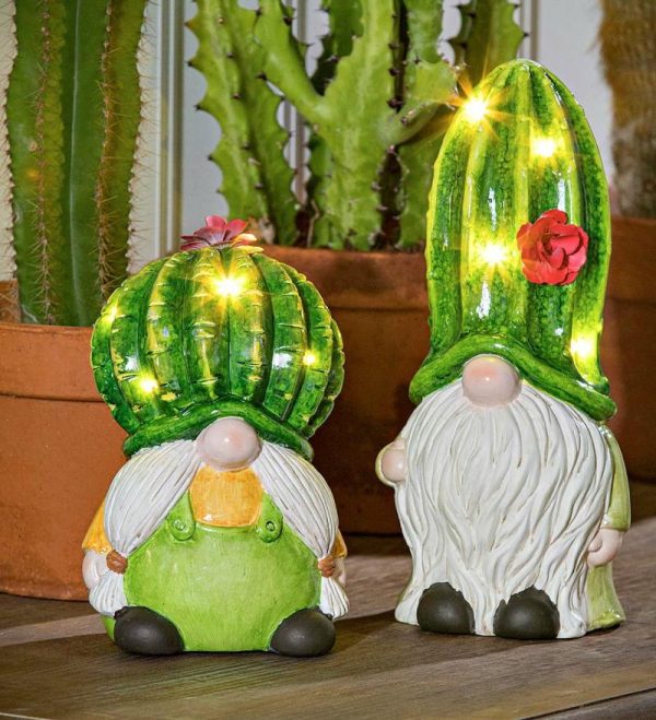 Gnomes & Fairy Gardens |   Lighted Ceramic Cactus Gnomes, Set Of 2 Garden Accents Gnomes & Fairy Gardens