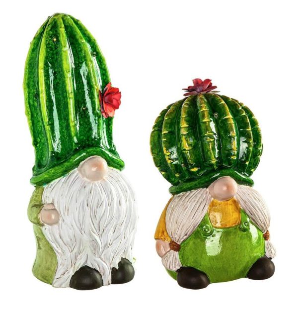 Gnomes & Fairy Gardens |   Lighted Ceramic Cactus Gnomes, Set Of 2 Garden Accents Gnomes & Fairy Gardens