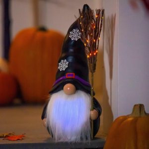 Gnomes & Fairy Gardens |   Lighted Witch Gnome Statue With Spiderweb Hat Garden Accents African