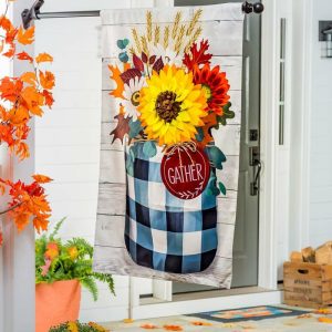 House & Estate Flags |   Fall Check Mason Jar Linen House Flag Flags & Buntings House & Estate Flags