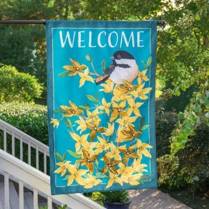 House & Estate Flags |   Forsythia And Chickadee Welcome Estate Flag Flags & Buntings House & Estate Flags