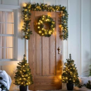 Lighted Accents |   Holiday Porch-In-A-Box Lighted Montfair Pine Decorating Set Faux Flowers & Plants Faux Flowers & Plants