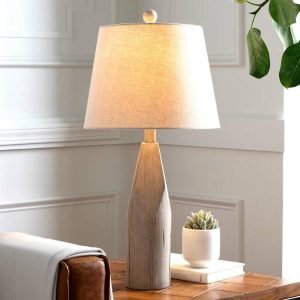 Outdoor Lamps |   Weathered Wood Table Lamp With Natural Linen Shade Outdoor Lamps Outdoor Lamps