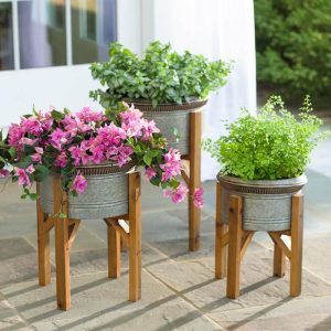 Outdoor Planters |   Galvanized Planters With Wooden Stands, Set Of 3 Deck And Patio Decor Outdoor Planters