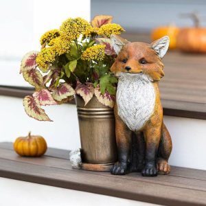 Planters & Plant Stands |   Indoor/Outdoor Faux Stone Fox Planter With Metal Container Garden Tools & Supplies Planters & Plant Stands