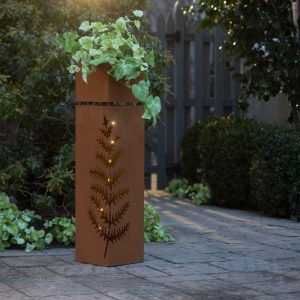 Solar Accents |   Indoor/Outdoor Lighted Metal Planter With Fern Design Garden Accents Solar Accents