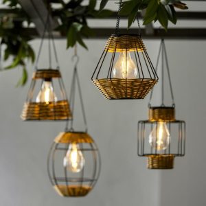 Solar Accents |   Rattan Hanging Solar Lanterns, Set Of 4 Garden Accents Solar Accents