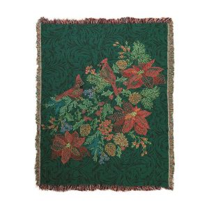 Throws & Blankets |   Embroidered Cardinals And Poinsettias Cotton Tapestry Throw Bedding & Bath Throws & Blankets