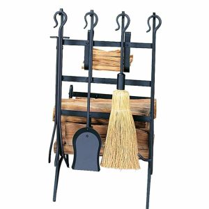 Wood Stove Accessories |   Wrought Iron Log Rack With Tools And Fatwood Rack Fireplace Accessories Fireplace Tool Sets