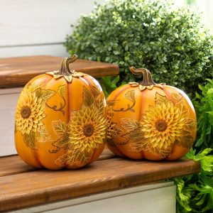 Decorative Garden Accents |   Carved Pumpkins With Sunflowers, Set Of 2 Decorative Garden Accents Decorative Garden Accents