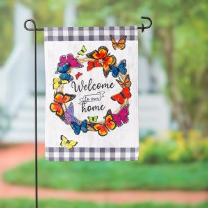 Garden Flags |   Butterfly Welcome Wreath Linen Garden Flag Flags & Buntings Garden Flags