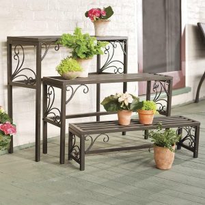 Outdoor Planters |   Nesting Metal Plant Stands With Scrollwork, Set Of Three Deck And Patio Decor Outdoor Planters